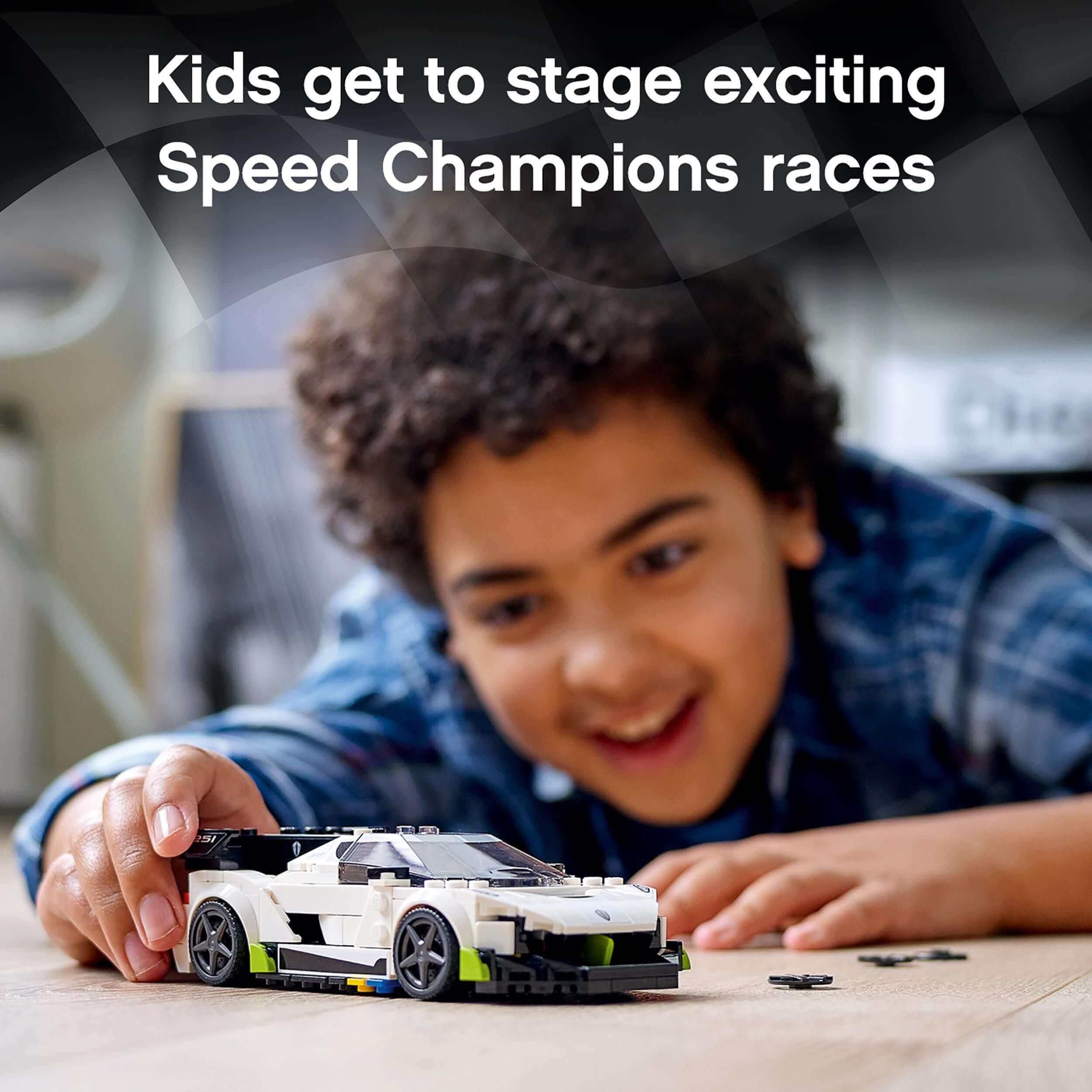 A child enjoying the LEGO® Speed Champions Koenigsegg Jesko car toy, ready for exciting racing adventures.