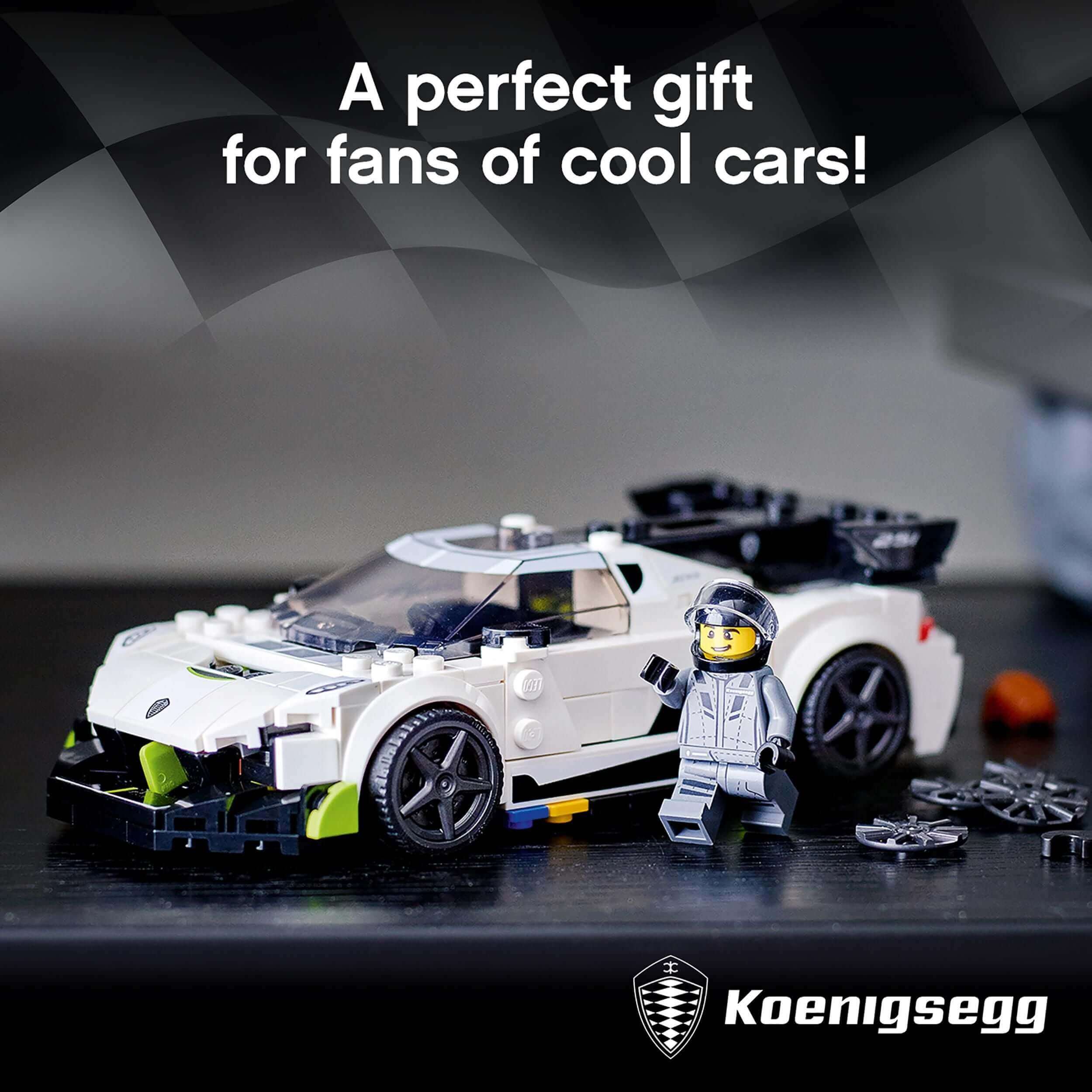 LEGO Speed Champions Koenigsegg Jesko car toy with mini-figure, perfect for kids and car enthusiasts.