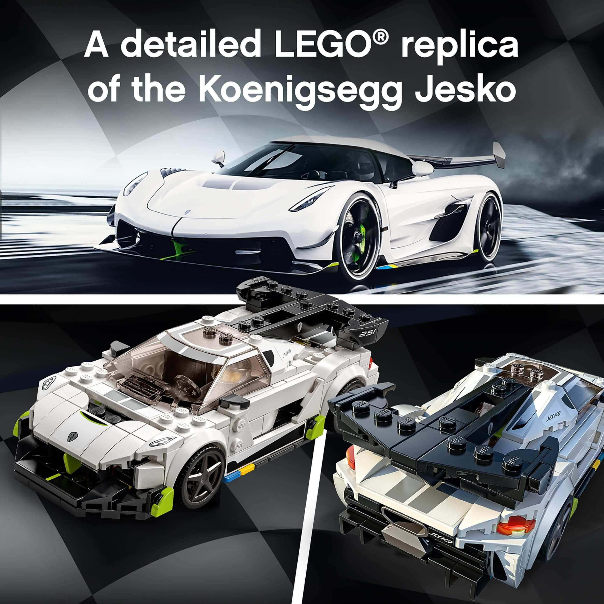 Detailed LEGO® Koenigsegg Jesko replica, perfect for kids and car enthusiasts to play and display.