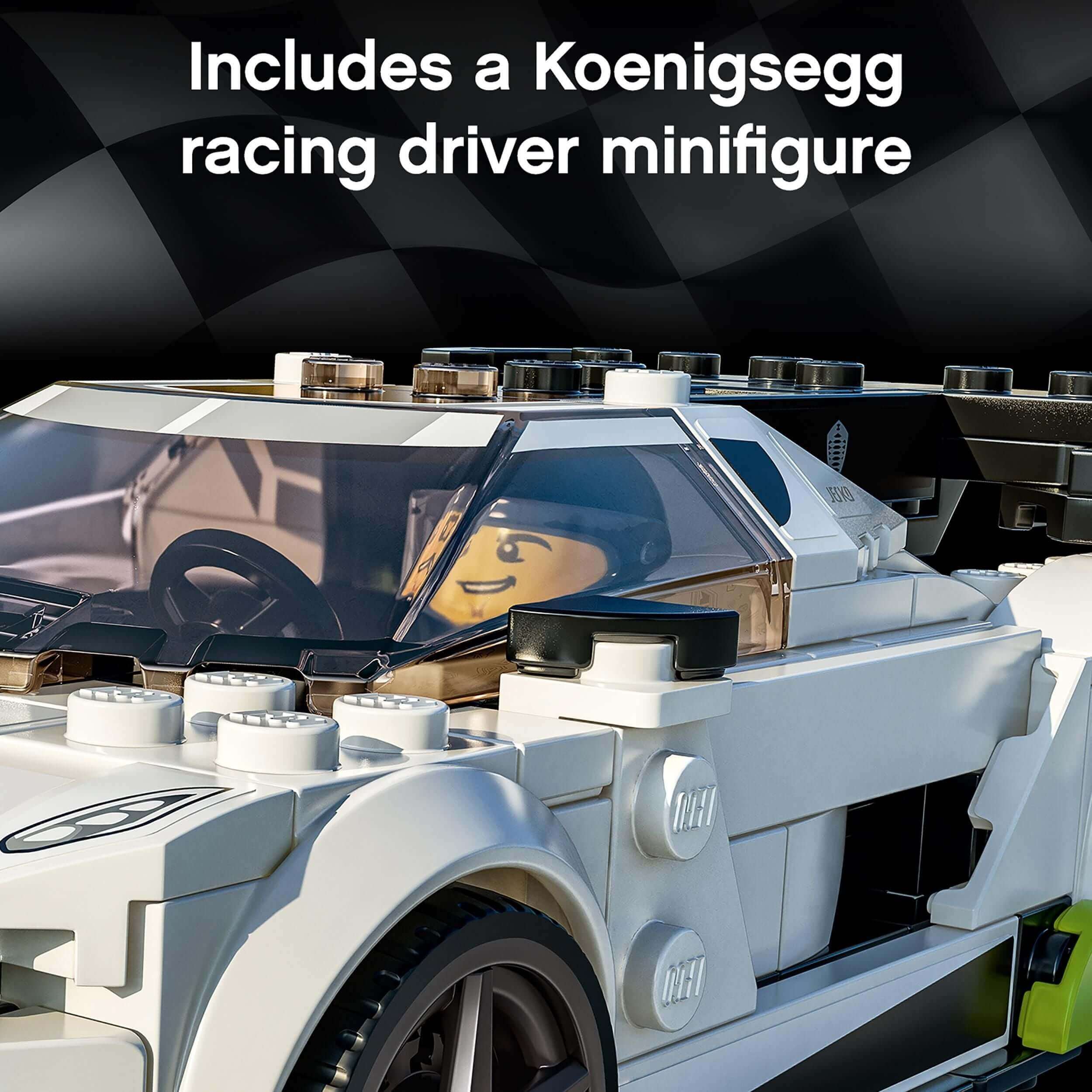 LEGO® Speed Champions Koenigsegg Jesko car toy with racing driver minifigure for play and display.