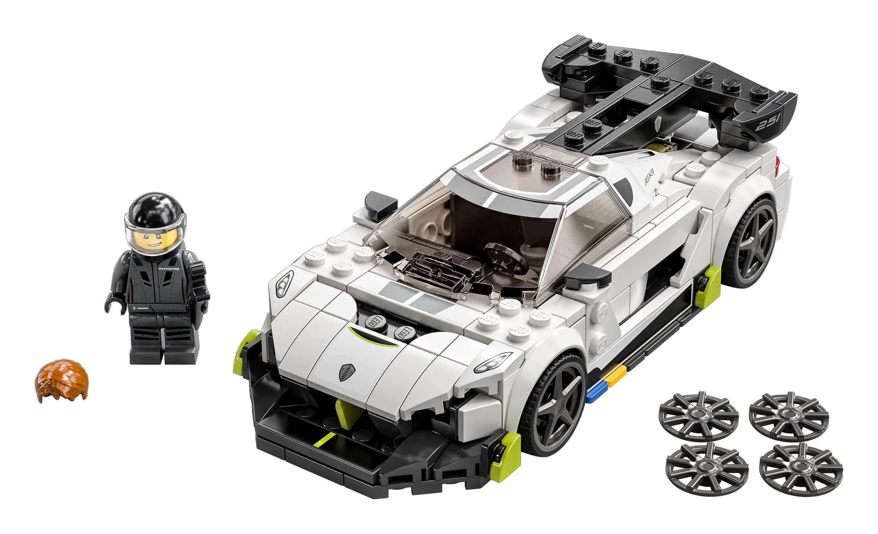 LEGO® Speed Champions Koenigsegg Jesko Car Toy 76900 with minifigure and extra wheels for play and display.