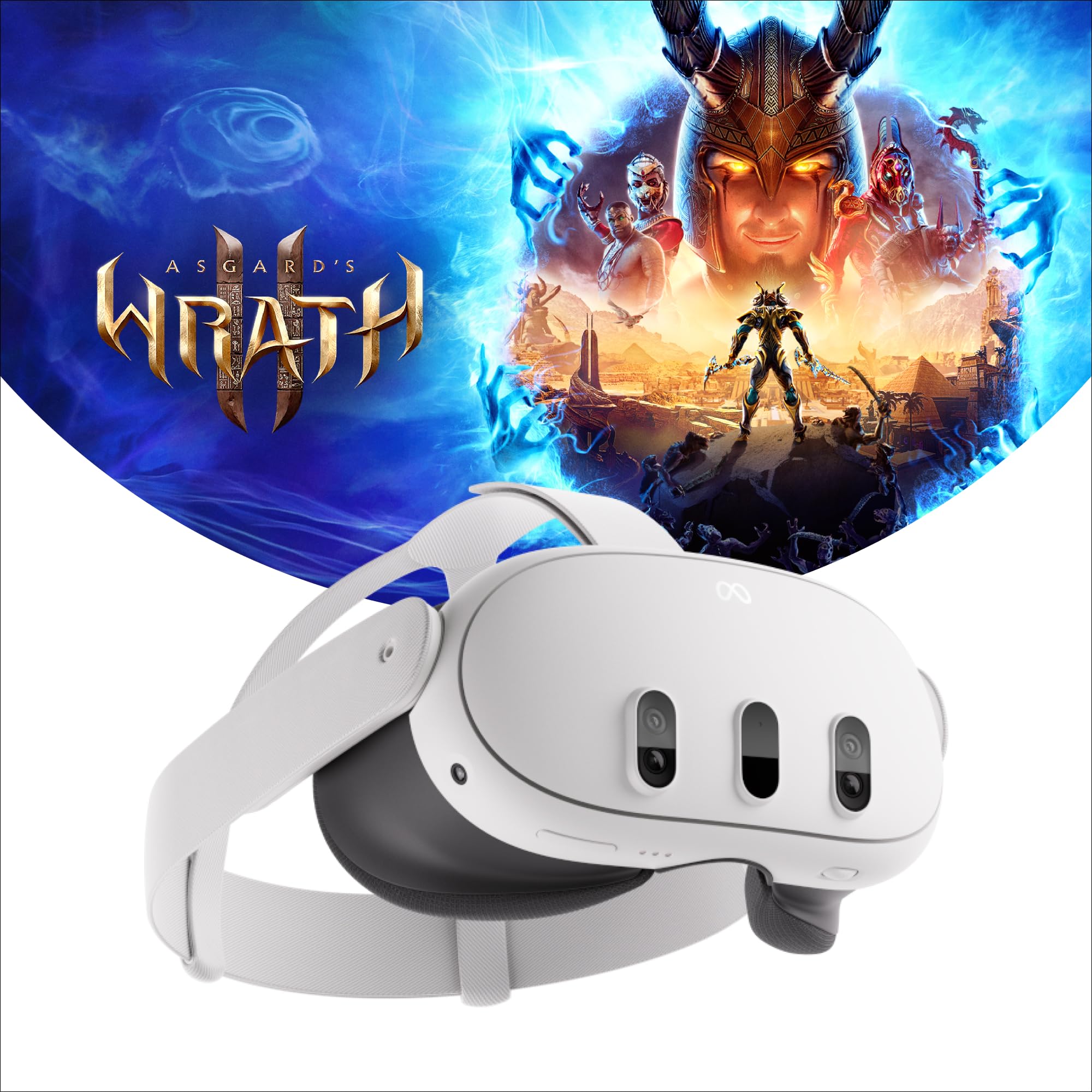 Meta Oculus Quest 3 512GB headset showcasing Asgard's Wrath game, blending virtual and real worlds.