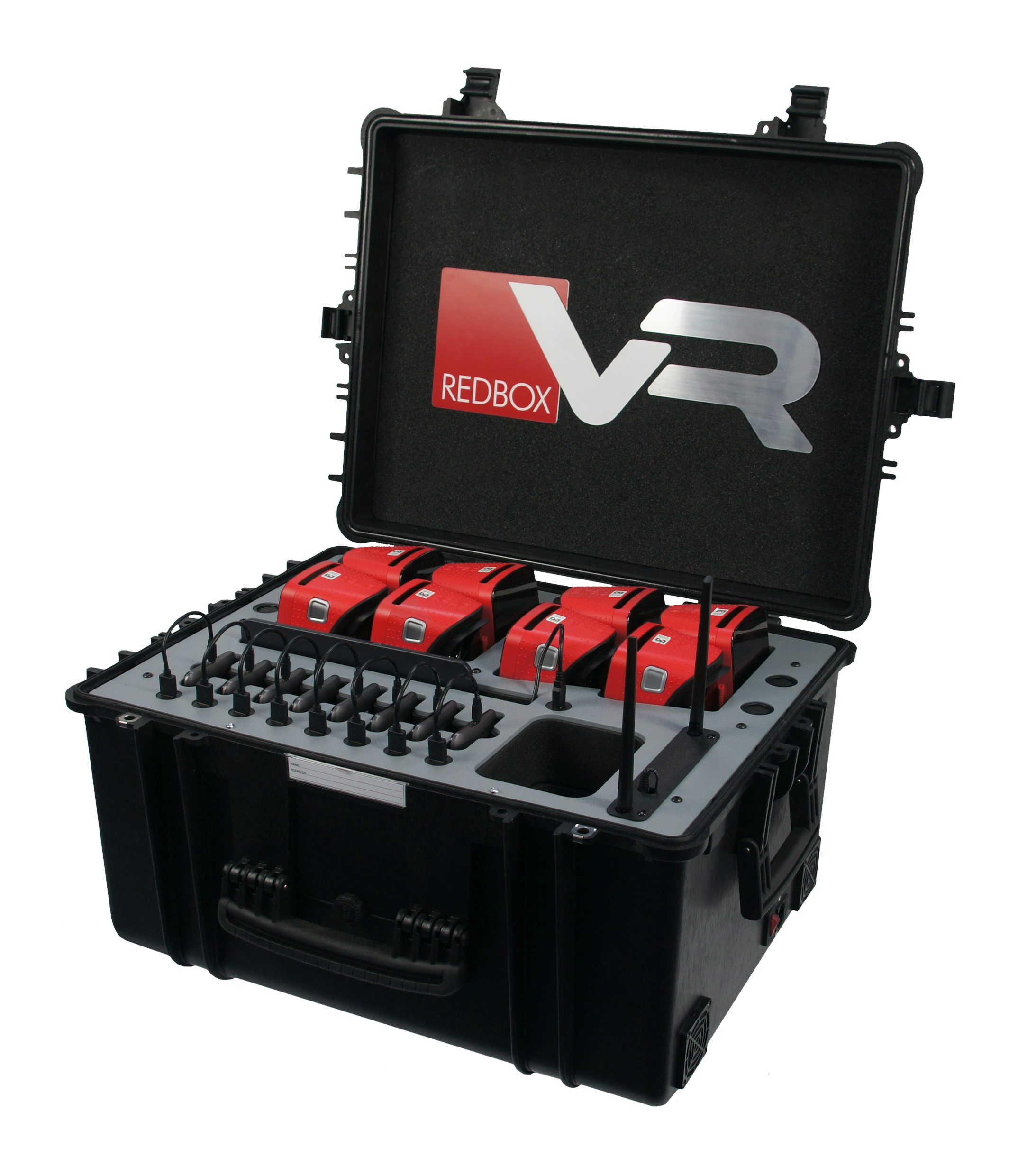 RedboxVR Classroom VR/AR kit in a sturdy case housing student and teaching devices with intelligent charging.