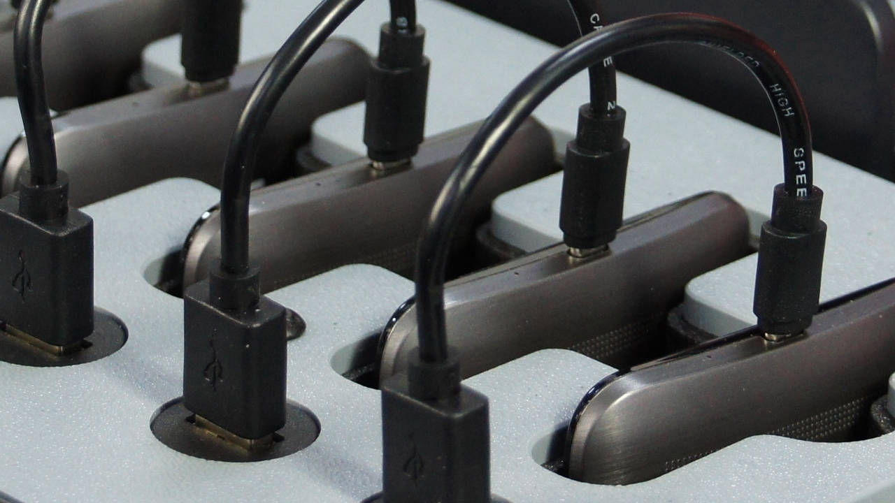 Charging ports of RedboxVR Classroom VR/AR kit devices in a secure storage case.
