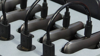 Charging ports of RedboxVR Classroom VR/AR kit devices in a secure storage case.