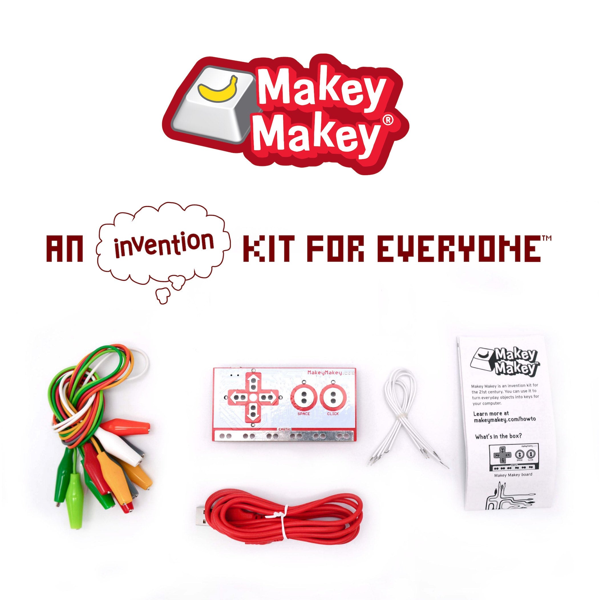 Makey Makey kit with wires and instructions, promoting creativity and invention for all ages.