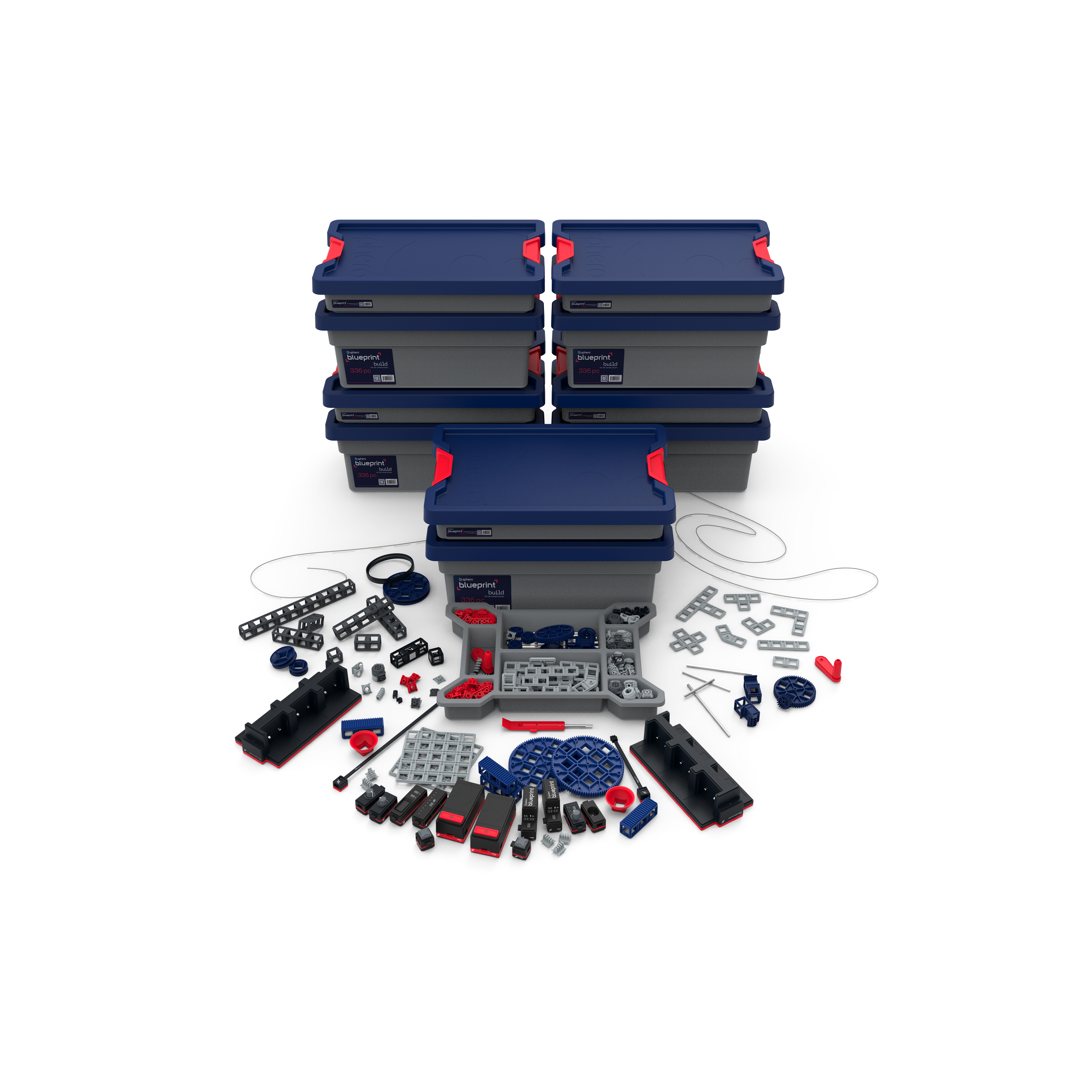 Sphero Blueprint Engineering Class Pack featuring 5 kits and various engineering tools and components arranged around storage boxes.