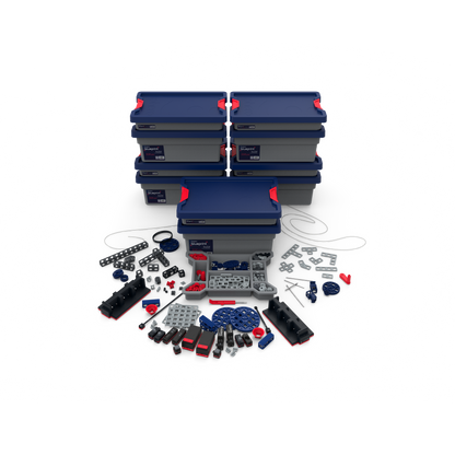 Sphero Blueprint Engineering Class Pack featuring 5 kits and various engineering tools and components arranged around storage boxes.
