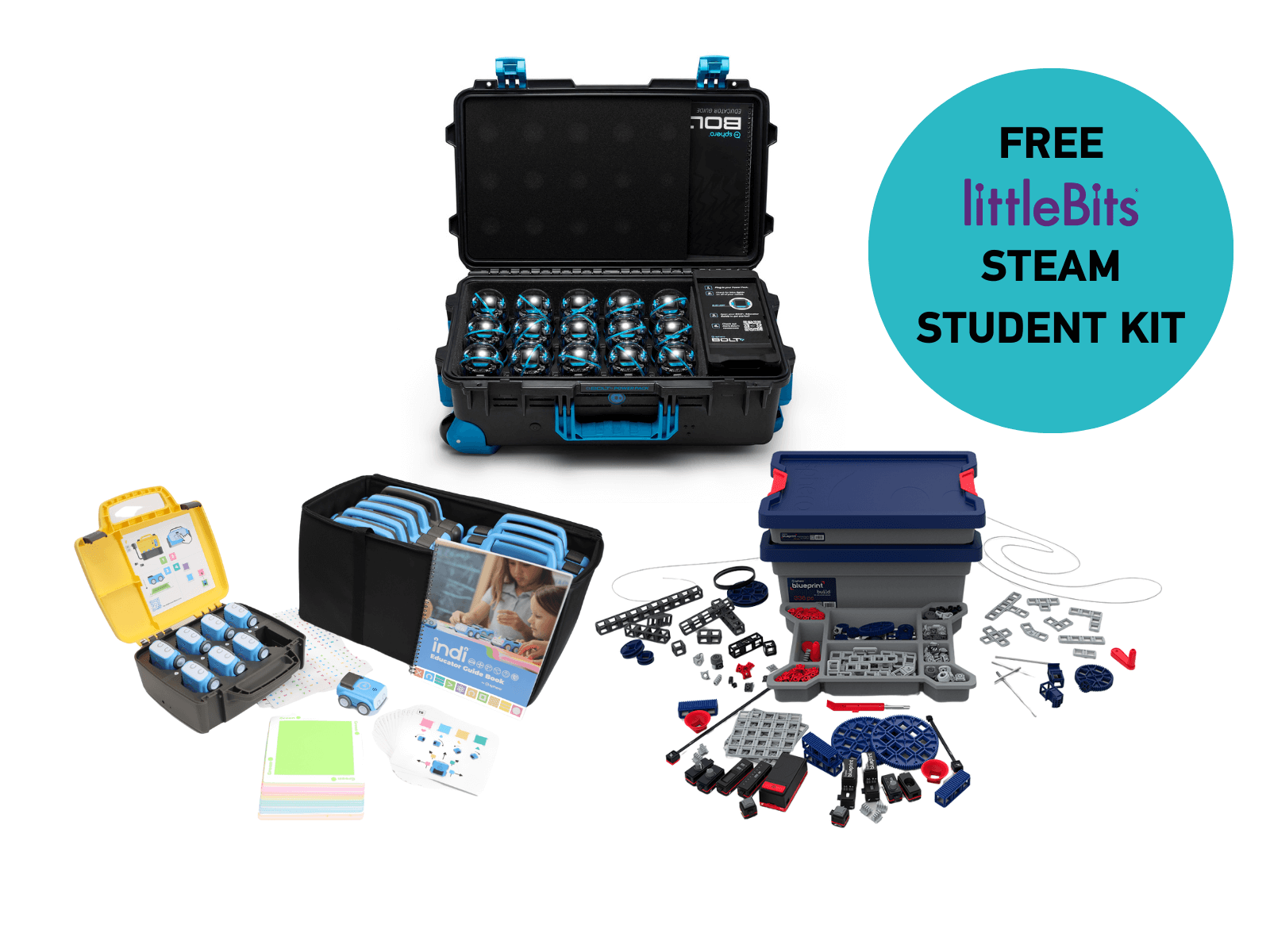 Sphero BOLT+ Power Pack Bundle with free littleBits STEAM Student Set, ideal for educational coding experiences.