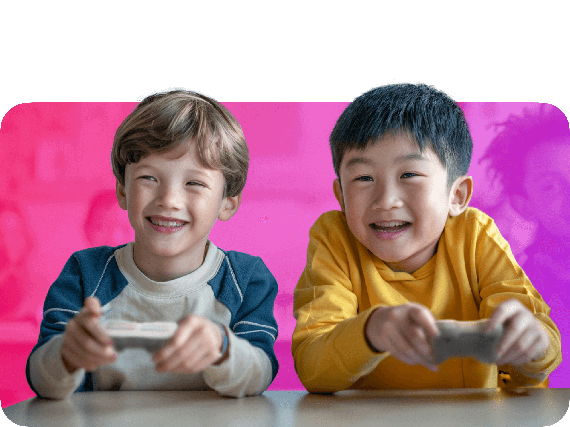 Two happy boys enjoying video gaming together, showcasing friendship and fun in a colorful setting.