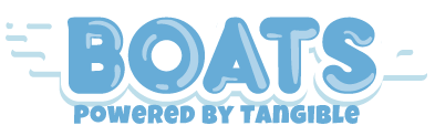Colorful logo featuring the word 'BOATS' with a playful font, powered by Tangibles.