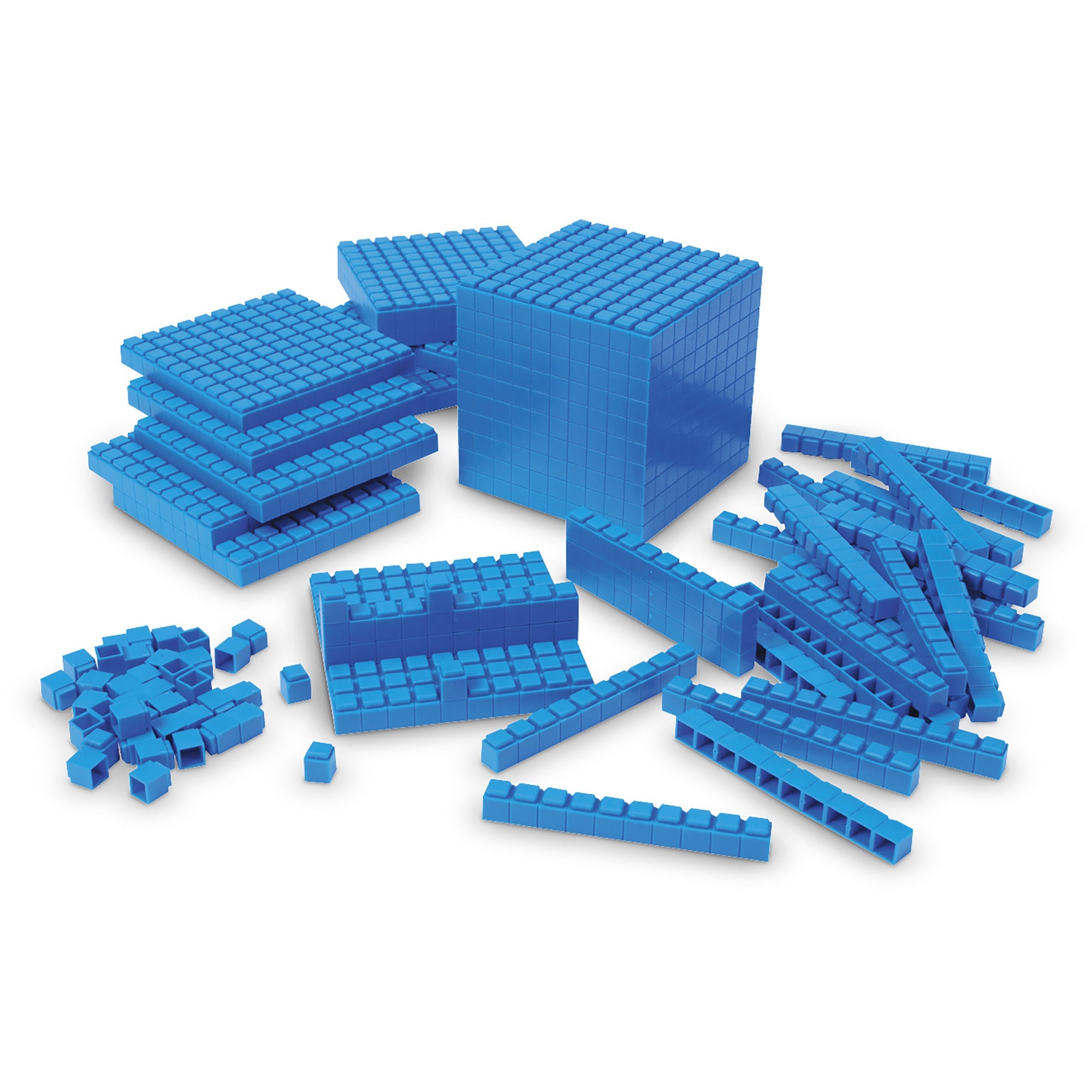 A studio shot of a blue interlocking Base Ten set on a white background. Includes individual units, rods of ten, hundred-flats, and a thousand-cube.