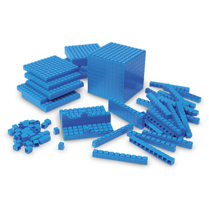 A studio shot of a blue interlocking Base Ten set on a white background. Includes individual units, rods of ten, hundred-flats, and a thousand-cube.