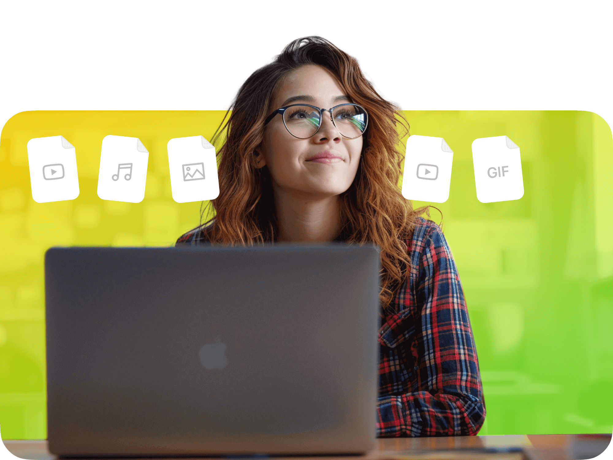 Young woman with glasses looking thoughtfully at a laptop, surrounded by icons of media files like GIFs and videos.