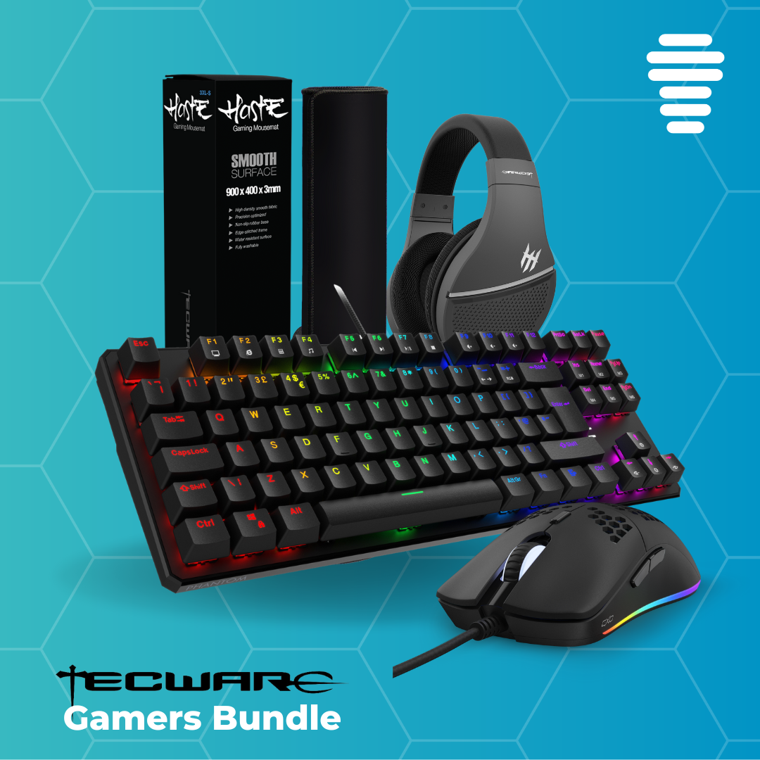 Tecware Gamers Bundle featuring EXO Mouse, 88 key keyboard, 3XL Mouse Mat, and Q2 Headset for ultimate gaming experience.