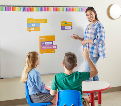 An educator stands at a whiteboard demonstrating block-based coding to two students. Large, magnetic Scratch coding blocks are arranged on the board, showing "forever" loops and "if-then" logic.