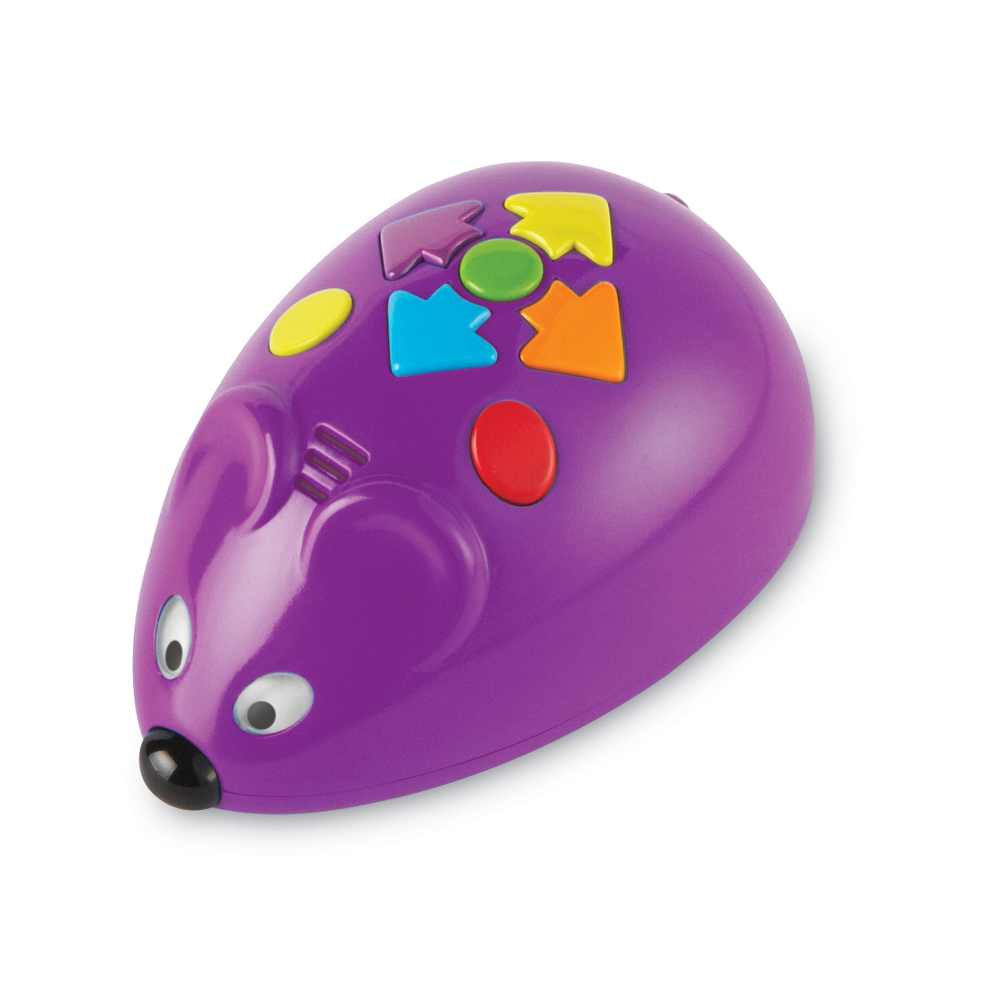 A studio shot against a white background featuring "Jack", a bright purple robot mouse with a friendly face and black nose. On its back, the robot mouse has several chunky, colourful buttons: four directional arrows in purple, yellow, light blue, and orange, a central green "Go" button, and additional yellow and red function buttons. This 10cm programmable robot is designed for primary learners to explore early coding, sequencing, and STEM concepts through hands-on play.