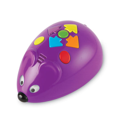 A studio shot against a white background featuring "Jack", a bright purple robot mouse with a friendly face and black nose. On its back, the robot mouse has several chunky, colourful buttons: four directional arrows in purple, yellow, light blue, and orange, a central green "Go" button, and additional yellow and red function buttons. This 10cm programmable robot is designed for primary learners to explore early coding, sequencing, and STEM concepts through hands-on play.