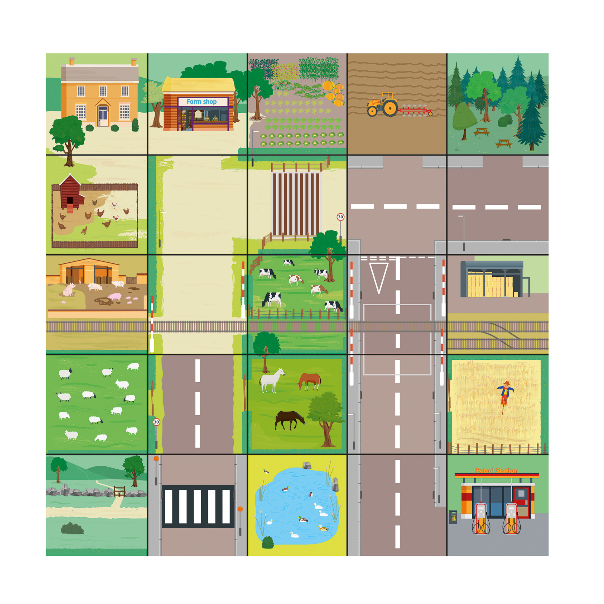 Illustrated cityscape with roads, buildings, and nature elements on a floor mat for robots