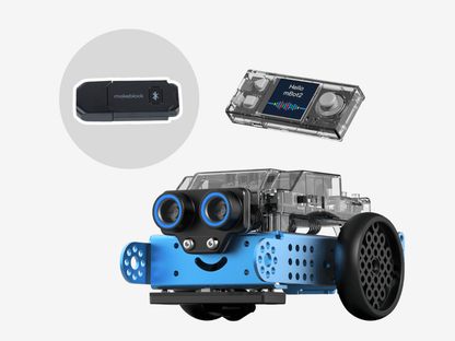 Makeblock mBot 2 robot with Bluetooth dongle, featuring CyberPi microcontroller and built-in sensors.