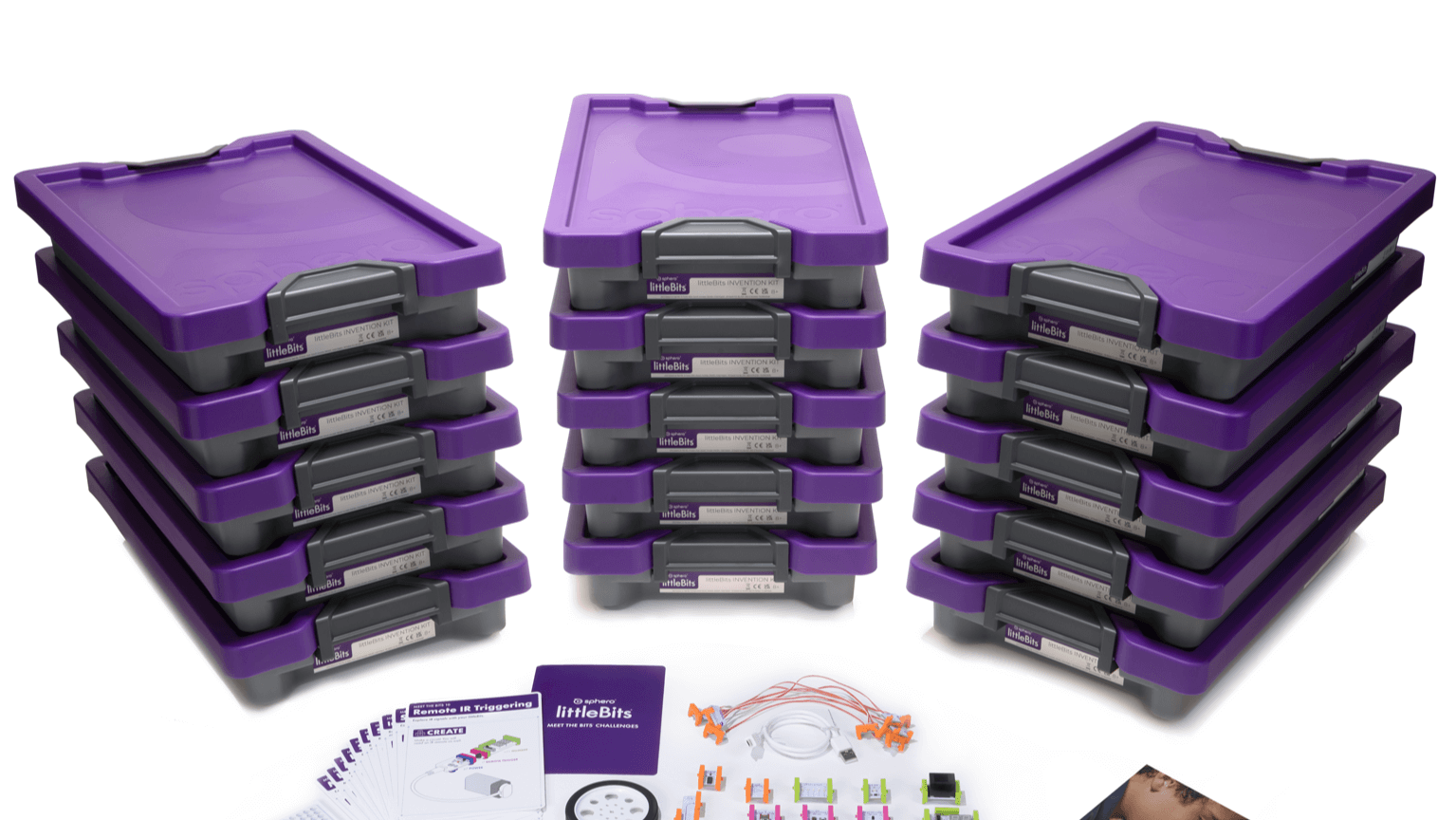 Organized littleBits Invention Kit Class Pack with 15 kits, perfect for teaching STEAM skills to students.