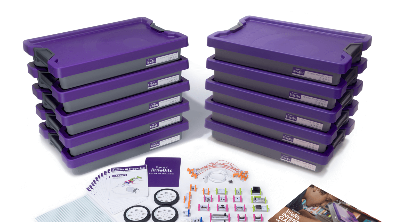 littleBits Invention Kit Class Pack with 10 purple storage trays, electronics components, and instructional materials for STEAM learning.
