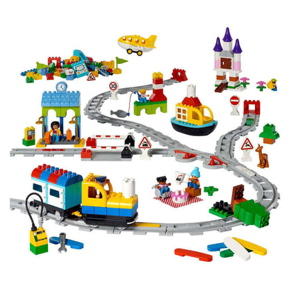 LEGO Education Coding Express 45025 set with train, tracks, and themed building elements for early coding fun.