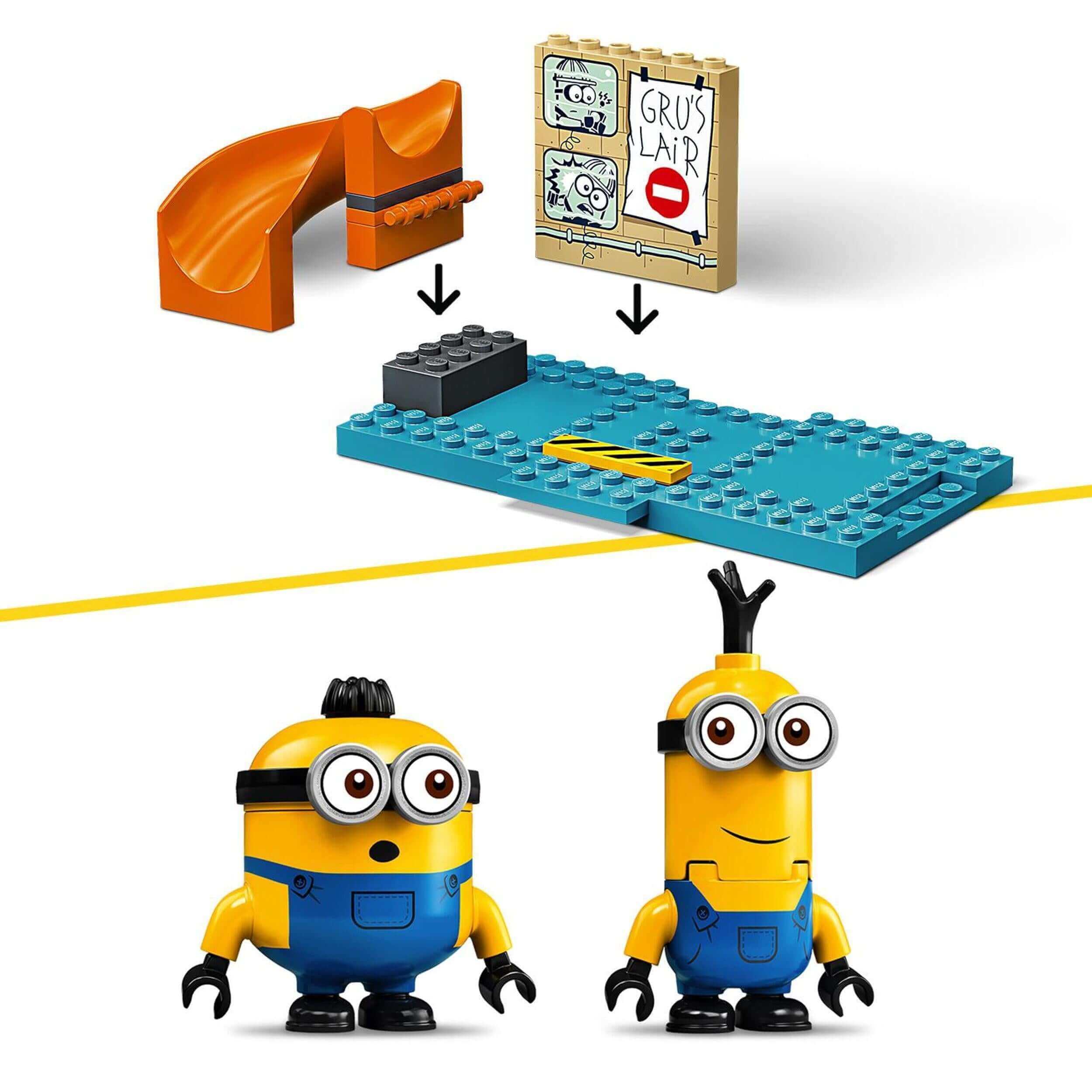 LEGO® Minions in Gru’s Lab set with slide and Kevin and Otto figures for creative kid play.