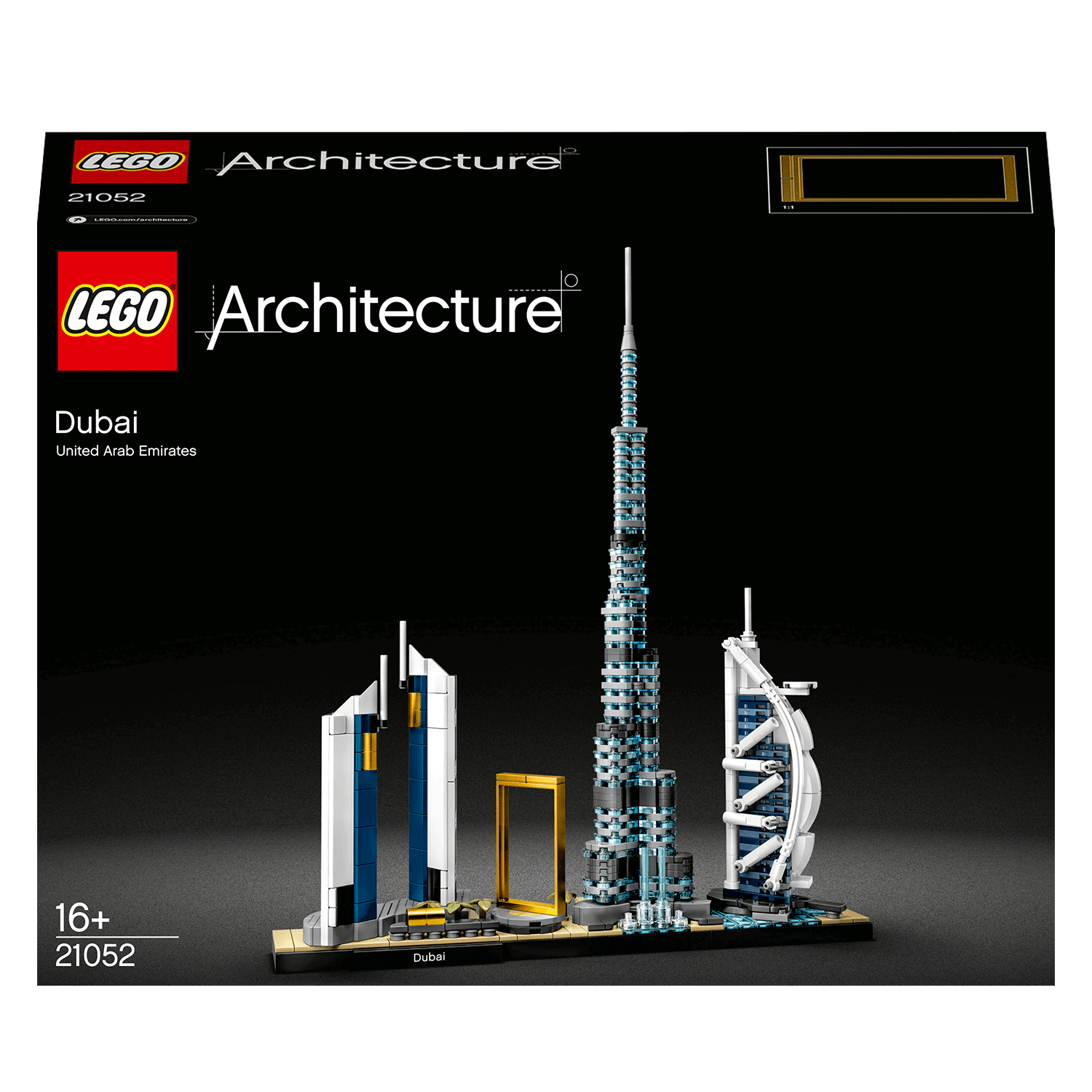 LEGO® Architecture Dubai Skyline Collection Set 21052 featuring iconic Dubai landmarks in detailed building models.