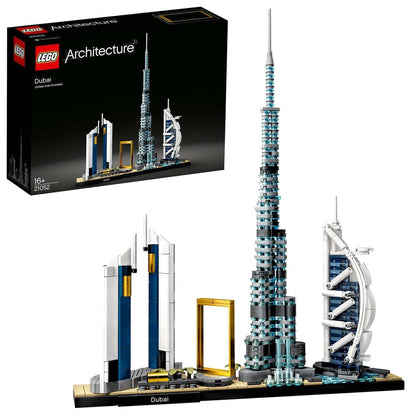 LEGO Architecture Dubai Skyline Collection Set 21052 featuring detailed models of Dubai landmarks.