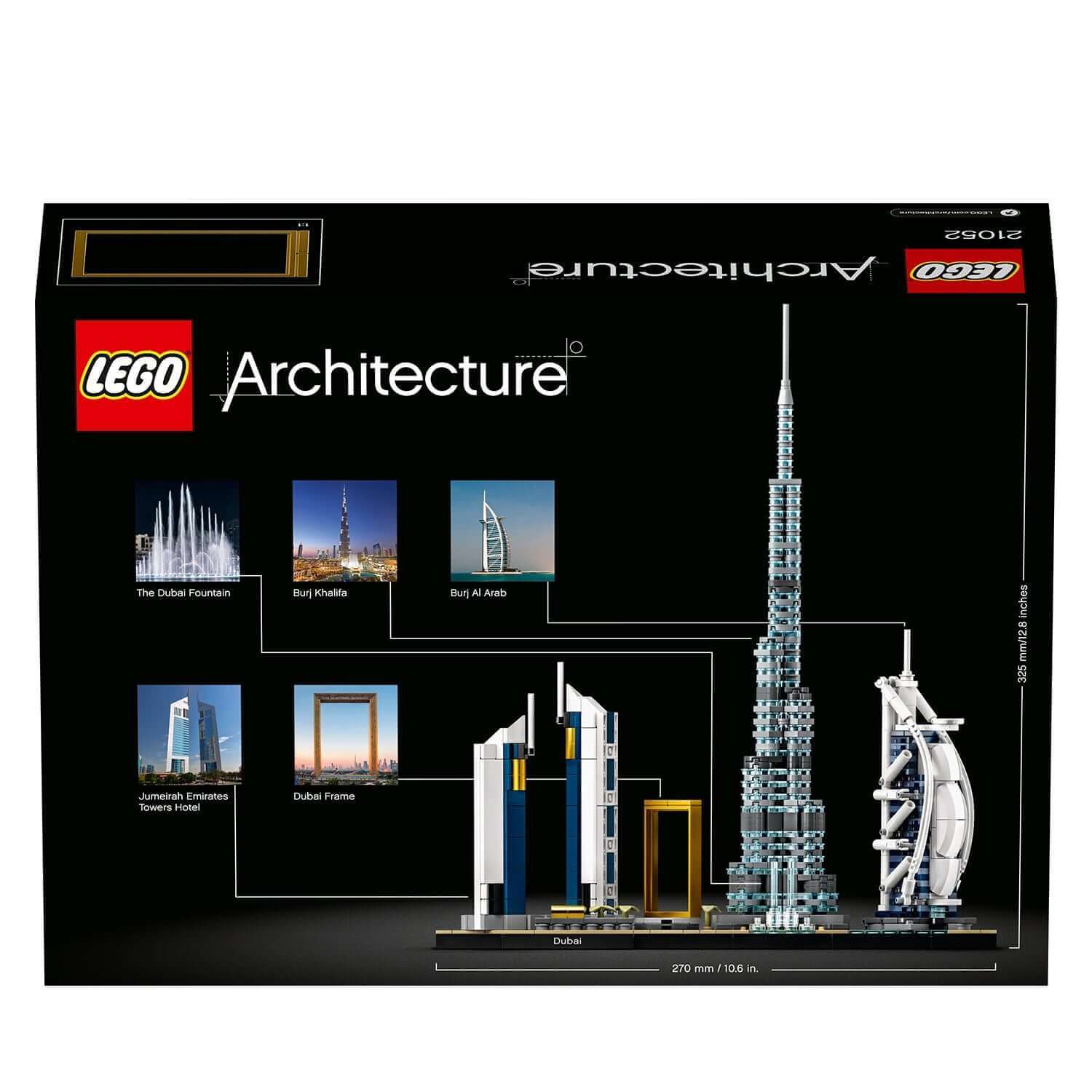 LEGO Architecture Dubai Skyline Collection Set 21052 box featuring Dubai landmarks like Burj Khalifa and Dubai Frame.