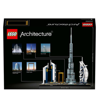 LEGO Architecture Dubai Skyline Collection Set 21052 box featuring Dubai landmarks like Burj Khalifa and Dubai Frame.
