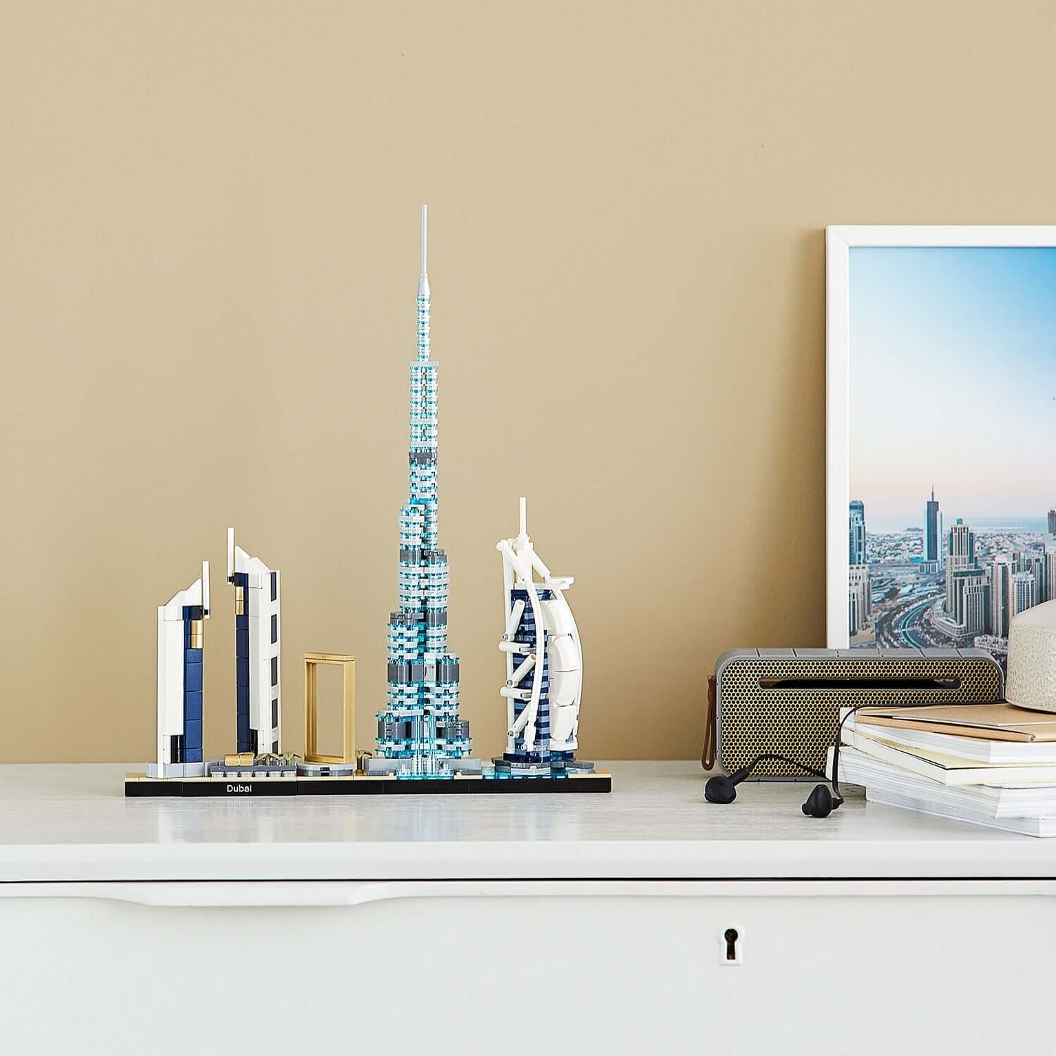 LEGO® Architecture Dubai Skyline Collection Set 21052 featuring iconic Dubai landmarks on a desk.