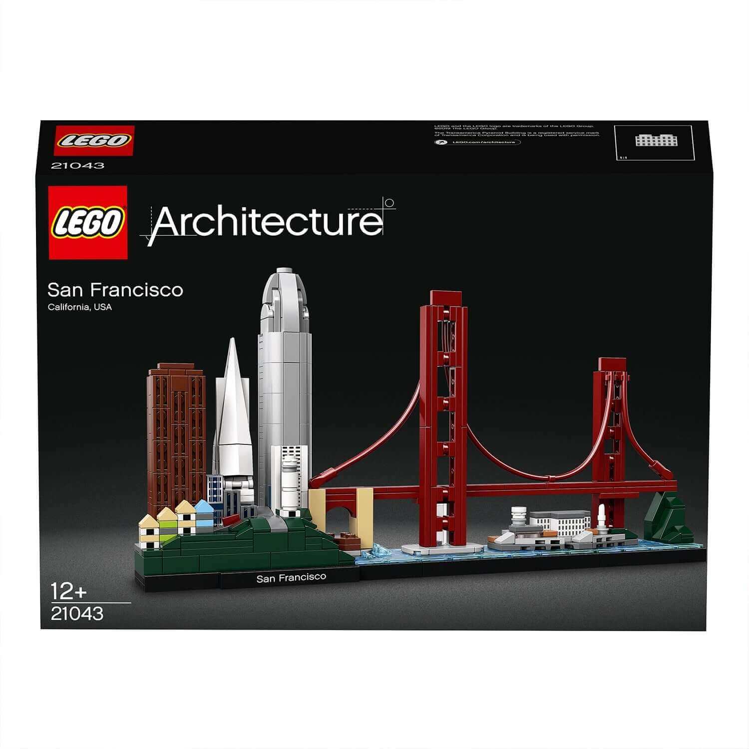 LEGO Architecture San Francisco Set 21043 packaging showcasing iconic buildings and the Golden Gate Bridge.