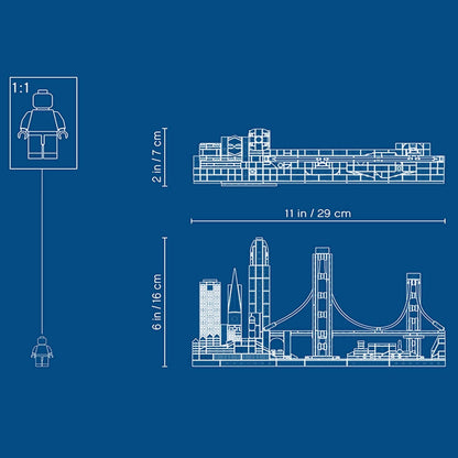 LEGO Architecture San Francisco Set 21043 dimensions illustration with a minifigure for scale.