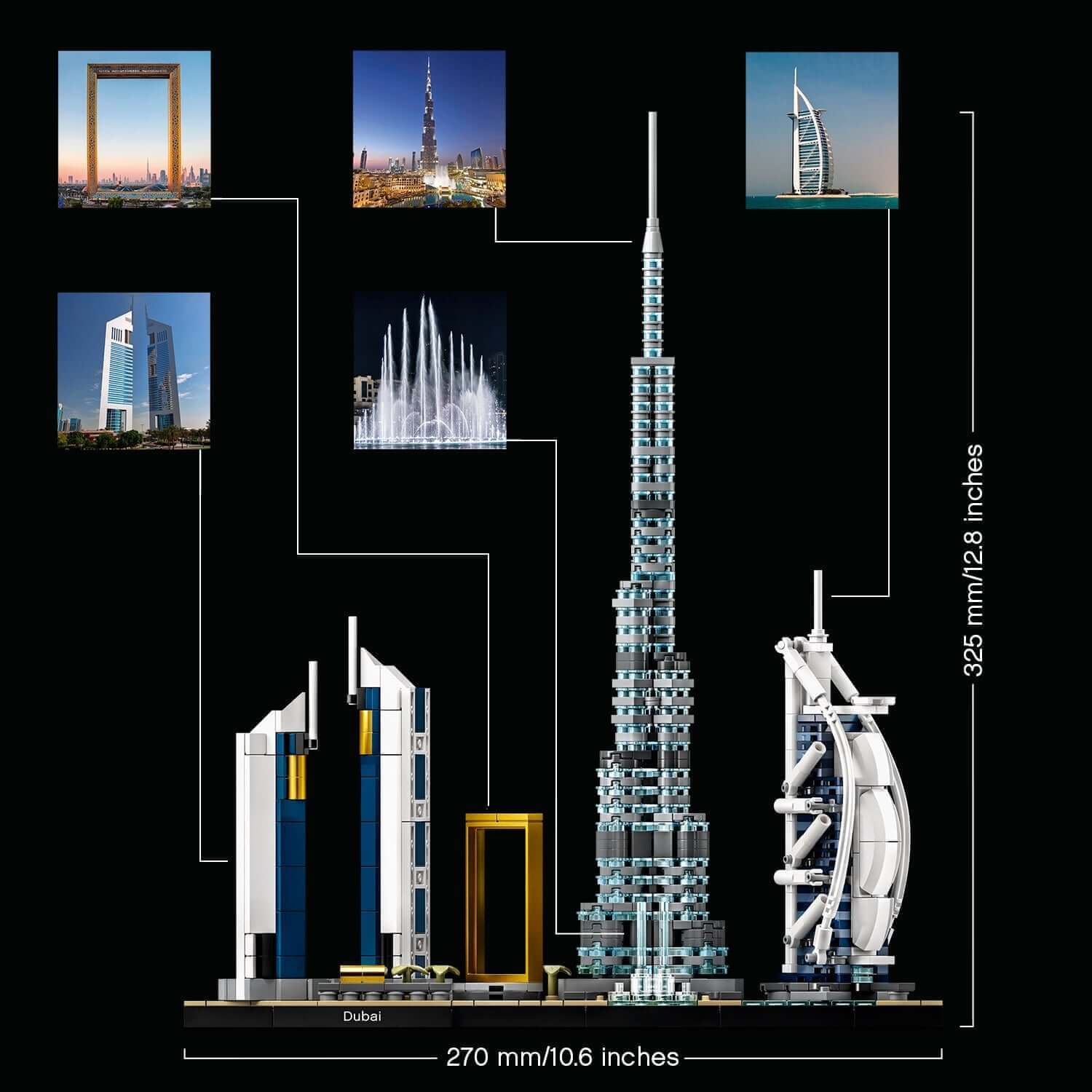 LEGO® Architecture Dubai Skyline Collection Set 21052 featuring iconic Dubai landmarks in a detailed model design.
