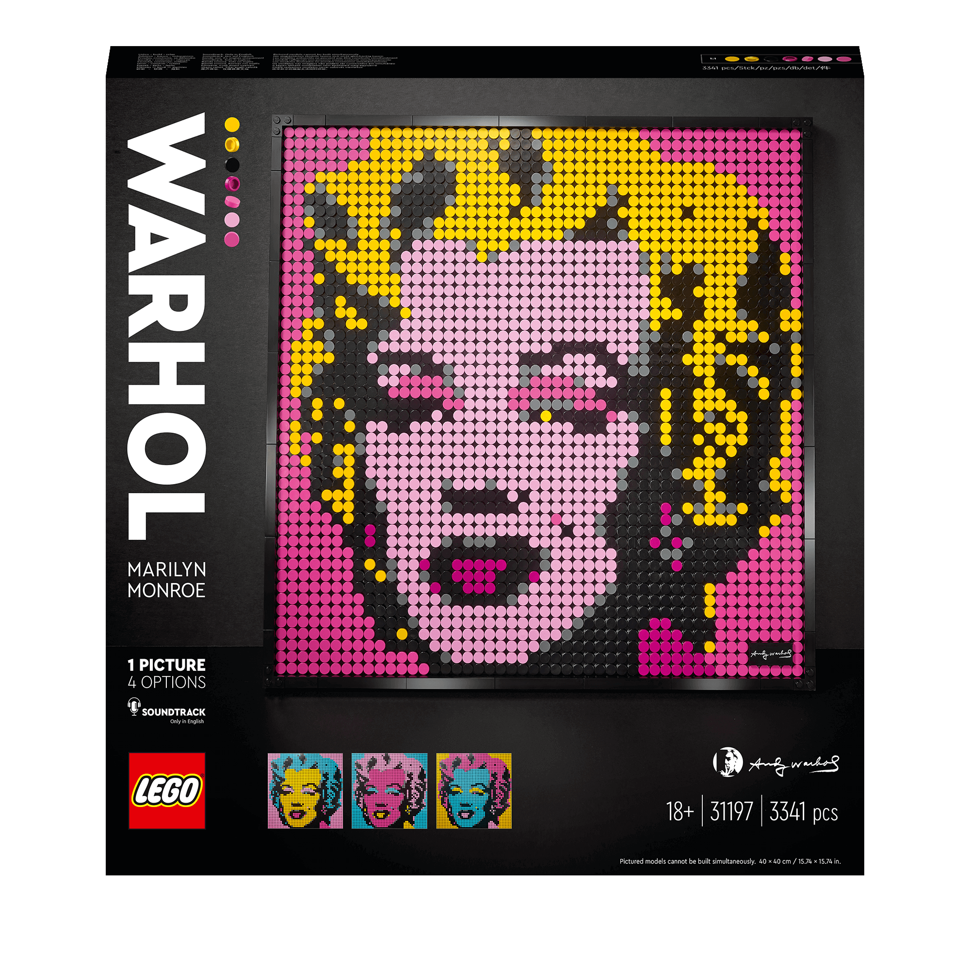 LEGO® Art Andy Warhol's Marilyn Monroe Set 31197 with 4 options, featuring vibrant wall art and included soundtrack.