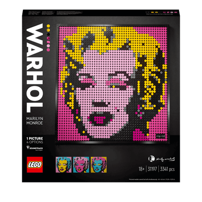 LEGO® Art Andy Warhol's Marilyn Monroe Set 31197 with 4 options, featuring vibrant wall art and included soundtrack.