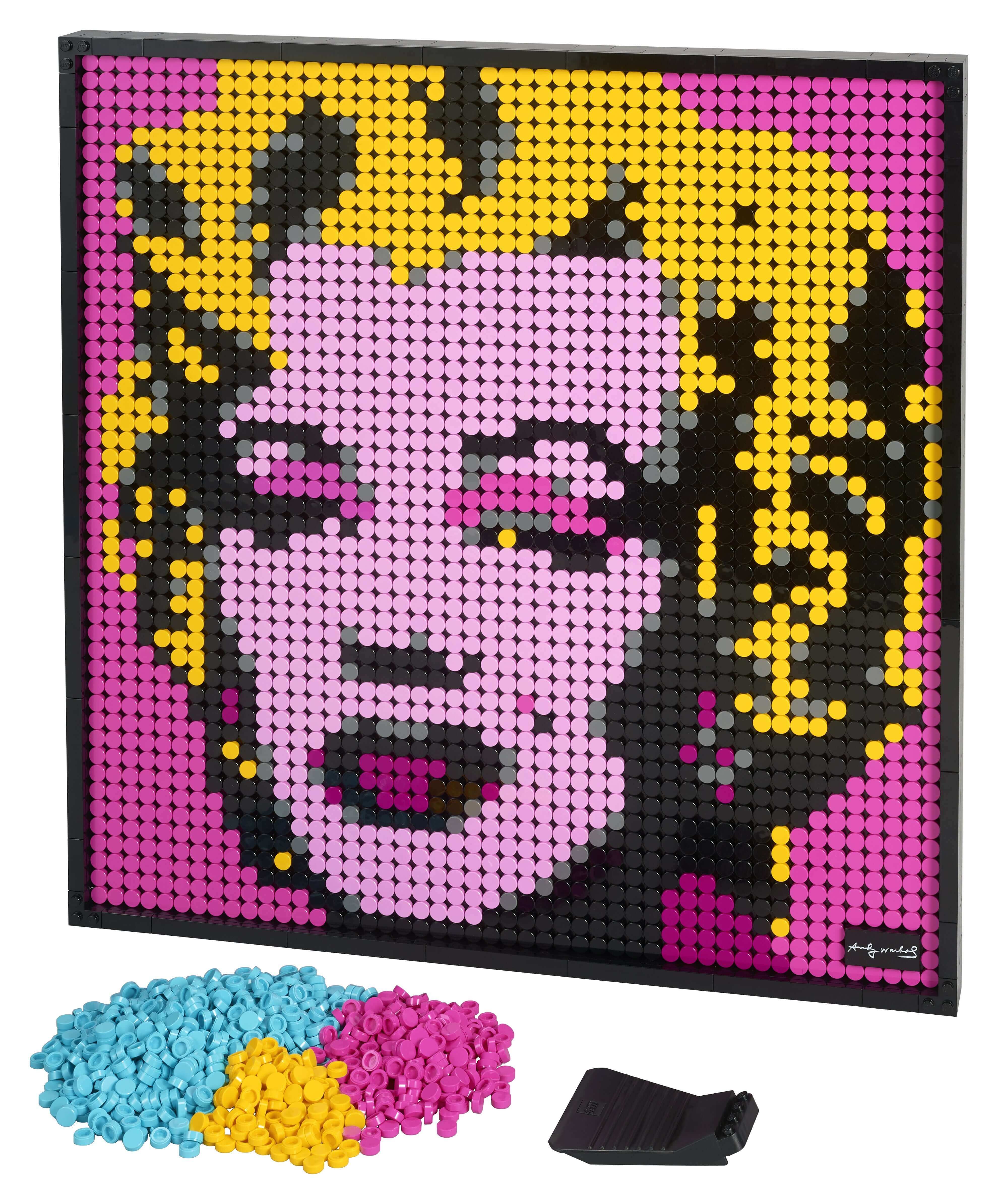 LEGO® Art Andy Warhol’s Marilyn Monroe Set 31197, featuring vibrant wall art with colorful bricks and tools.