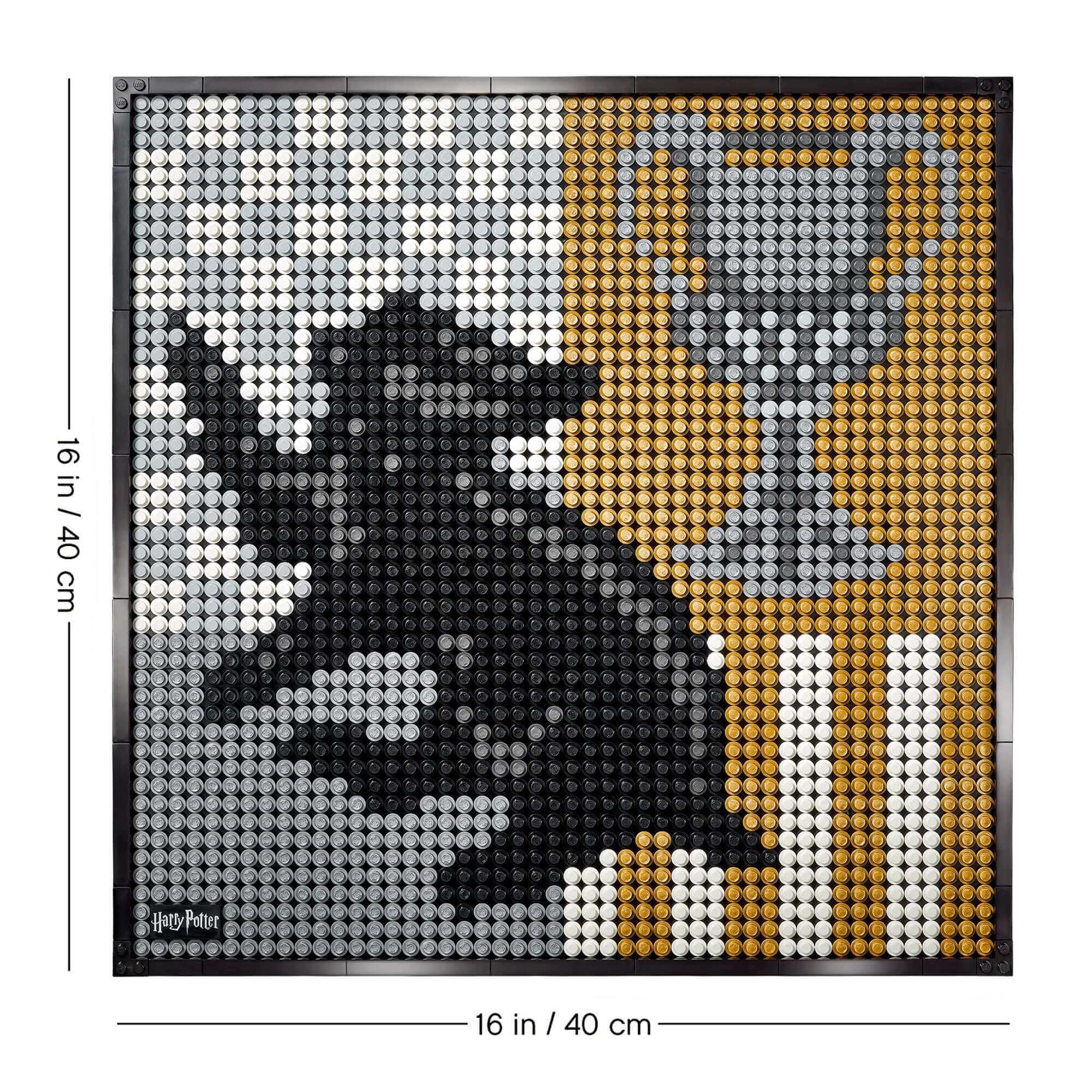 LEGO® Art Harry Potter Hogwarts Crests Set 31201 display featuring Hufflepuff crest and trophy in black and gold.