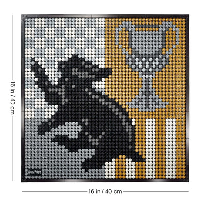 LEGO® Art Harry Potter Hogwarts Crests Set 31201 display featuring Hufflepuff crest and trophy in black and gold.