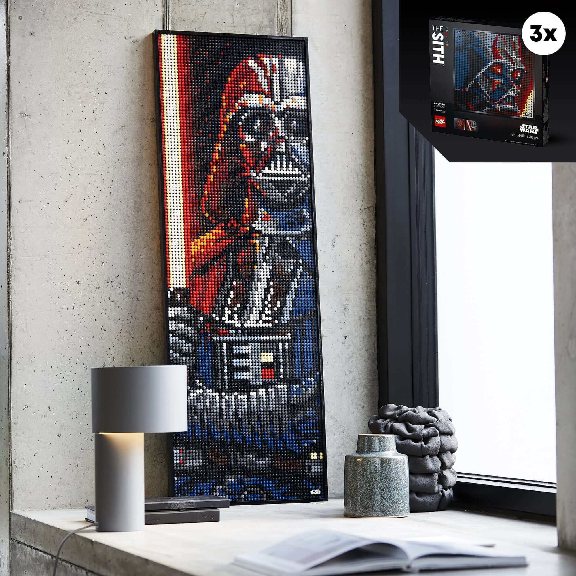LEGO® Art Star Wars The Sith wall art project displayed in a modern interior with a lamp and box packaging.