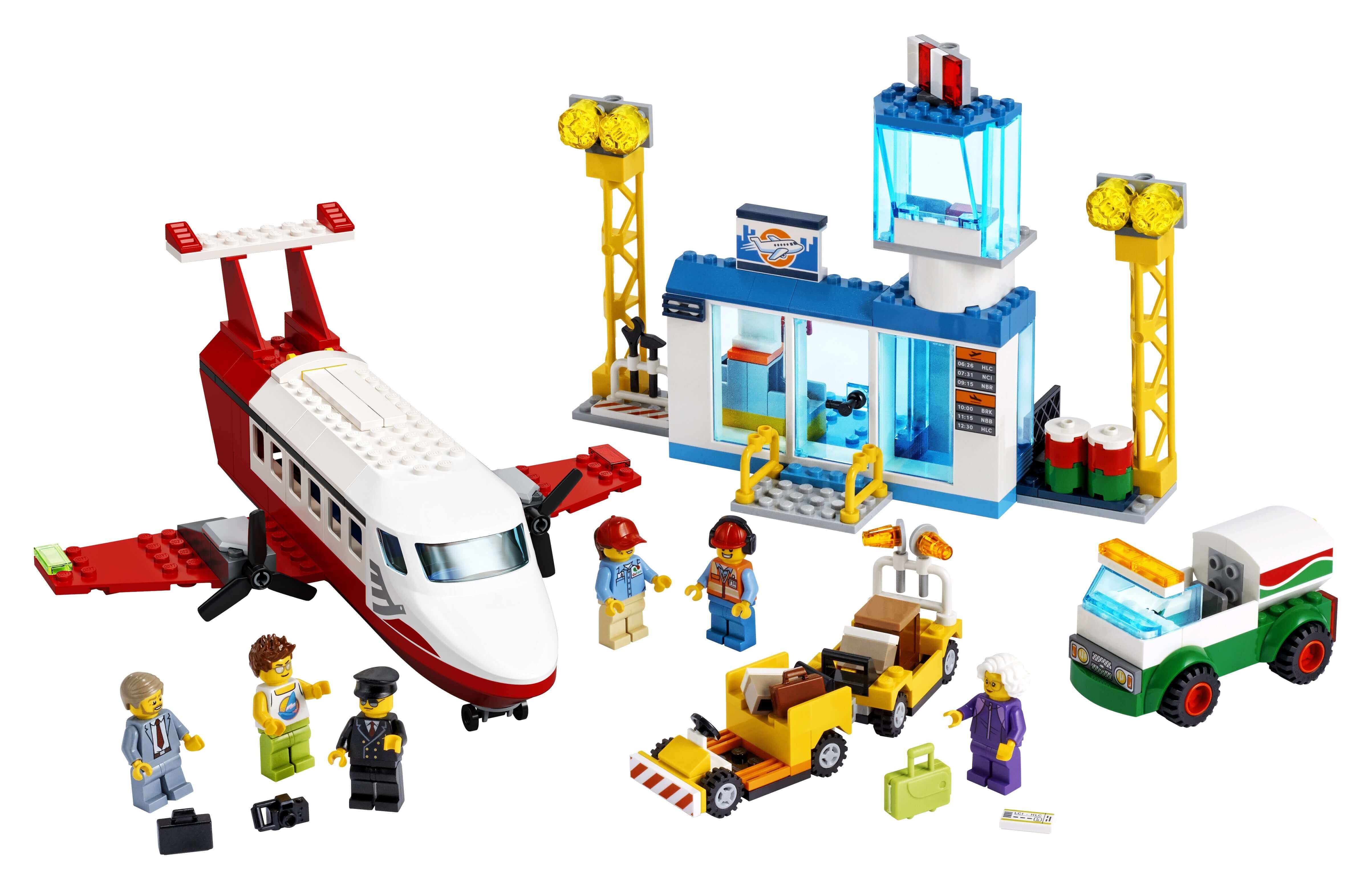 LEGO® City 4+ Central Airport set with terminal, charter plane, luggage truck, fuel tanker, and six minifigures.