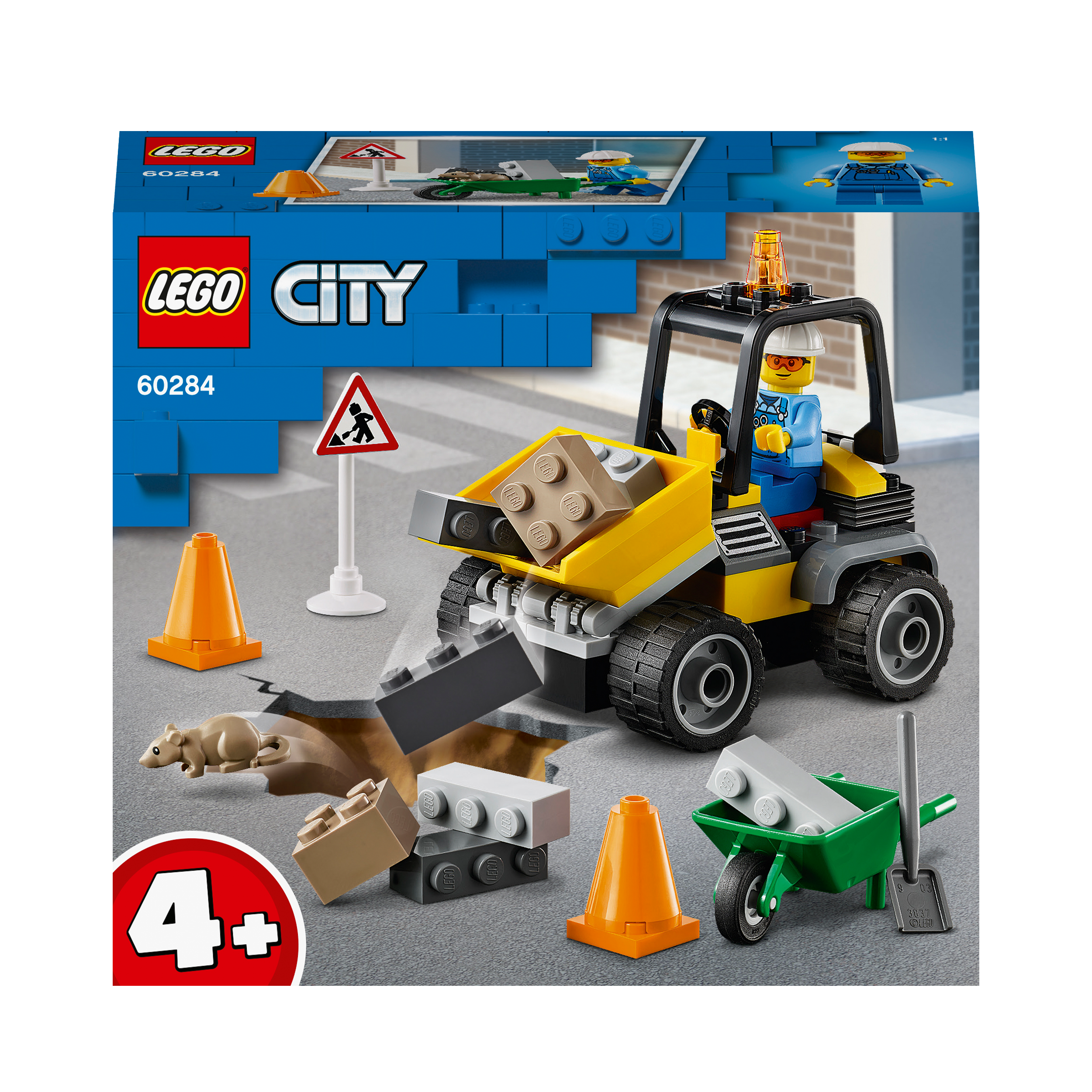 LEGO® City Great Vehicles Roadwork Truck Toy 60284 with front-end loader and construction accessories for kids 4+.