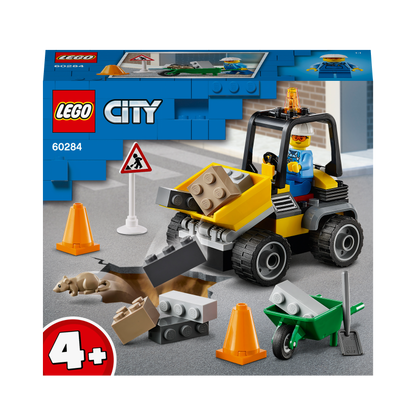 LEGO® City Great Vehicles Roadwork Truck Toy 60284 with front-end loader and construction accessories for kids 4+.