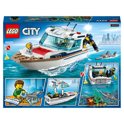 LEGO® City Diving Yacht Set 60221, featuring a deep sea boat with divers and sharks, ideal for creative play.