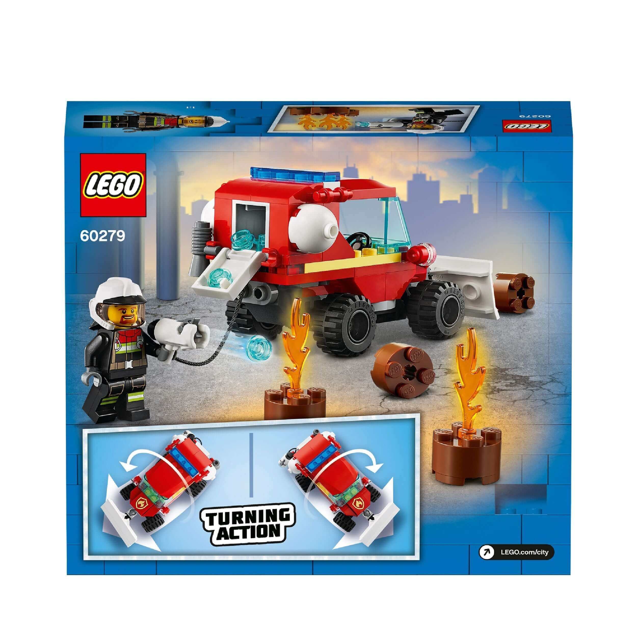 LEGO® City Fire Hazard Truck Toy 60279, featuring a firefighter, flames, and turning action elements for kids.