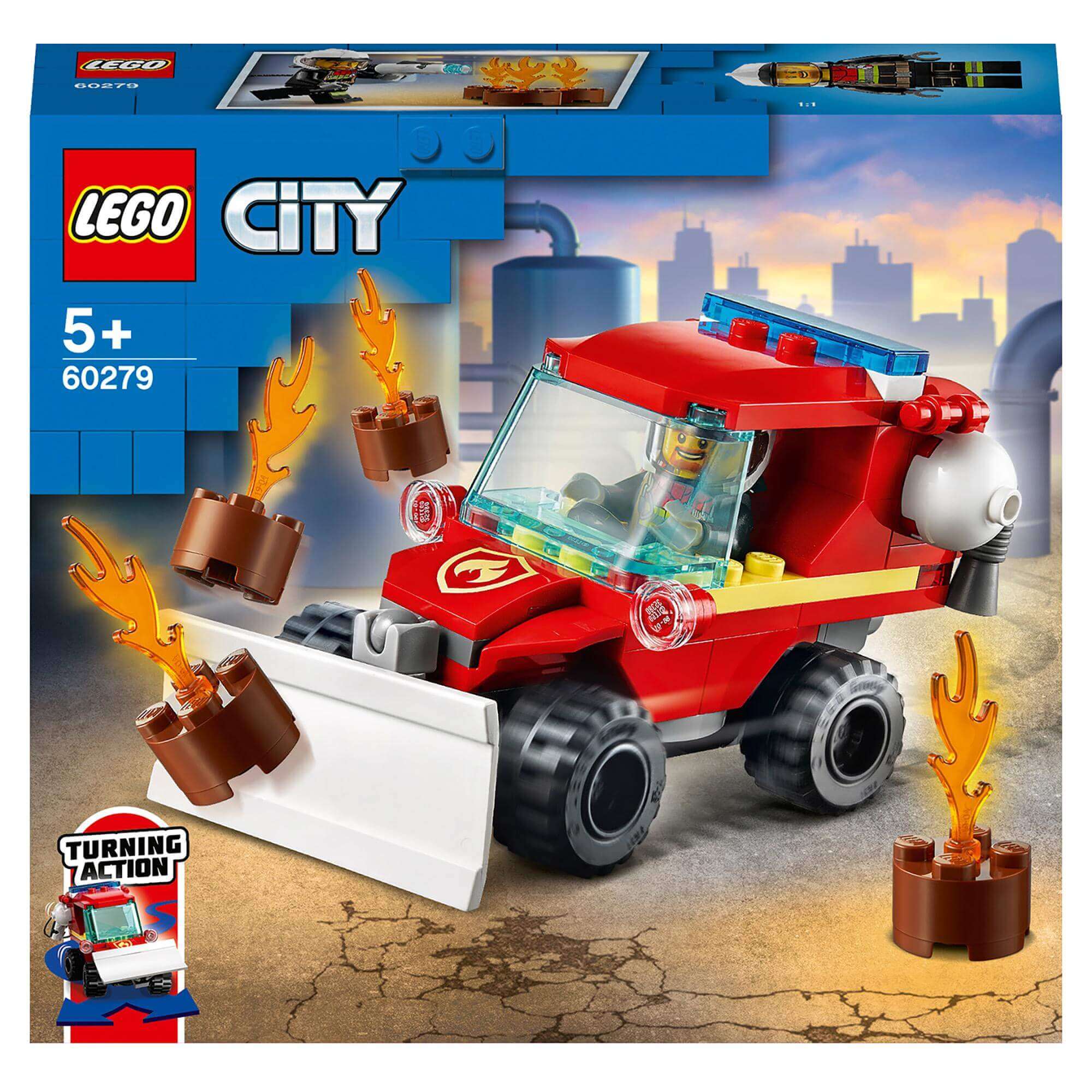 LEGO City Fire Hazard Truck 60279 with firefighter and flames, perfect for imaginative play and firefighting adventures.