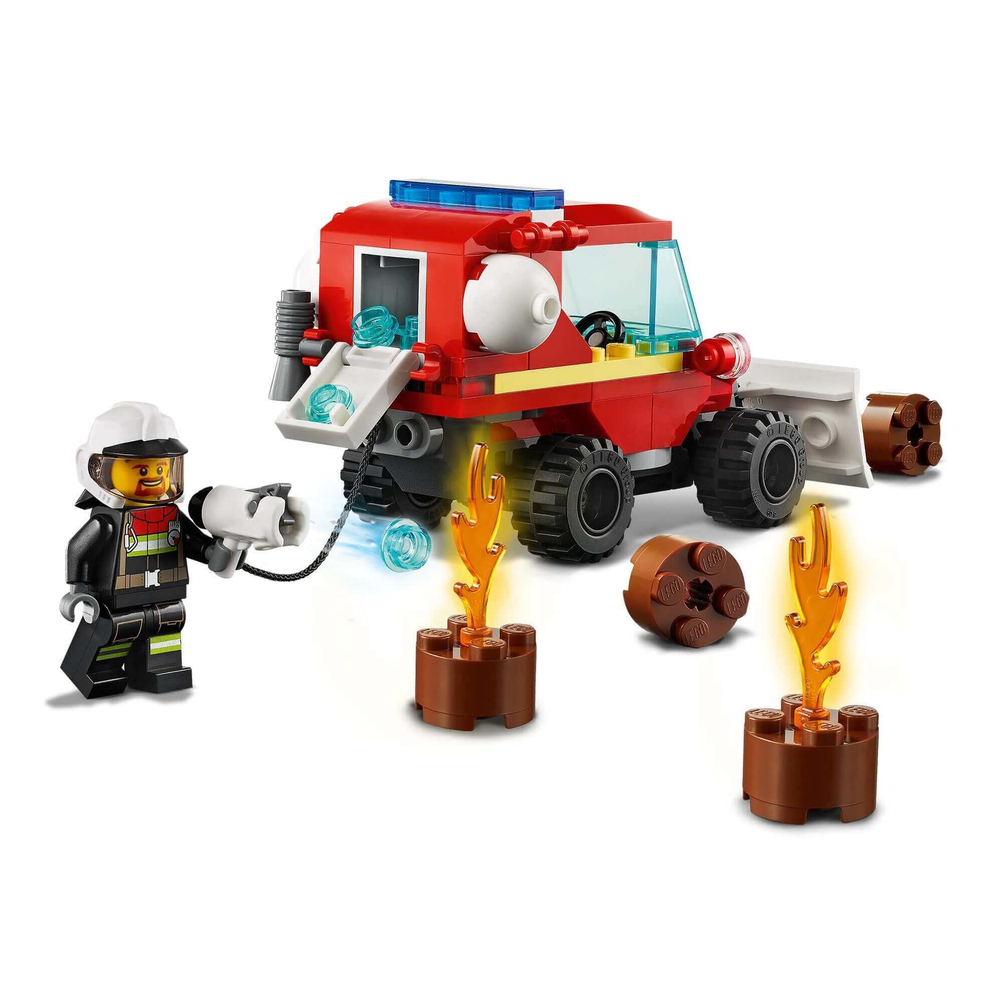LEGO City Fire Hazard Truck 60279 with firefighter minifigure and flames, perfect for kids’ pretend play.