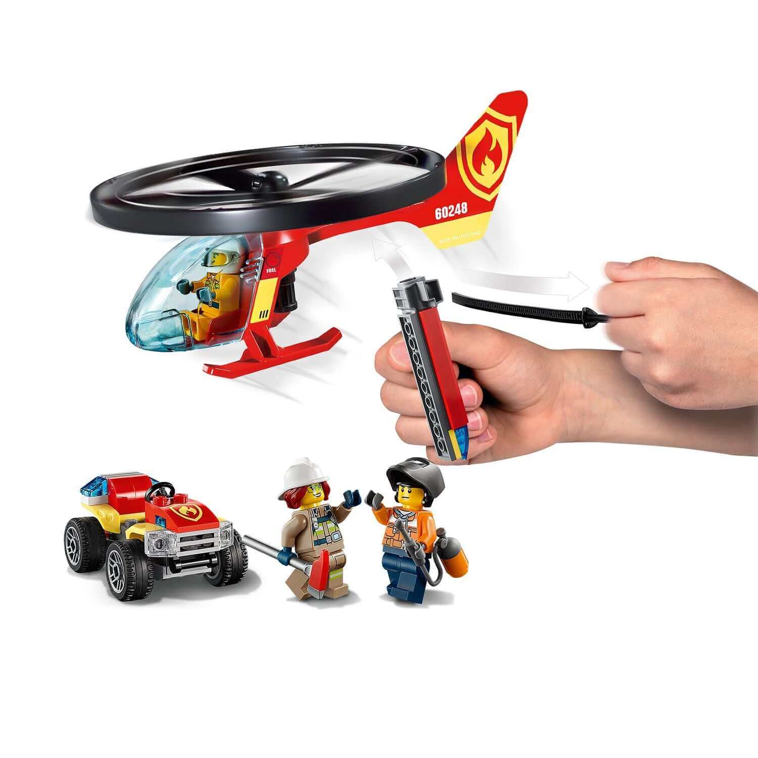 LEGO® City Fire Helicopter Response Set 60248 featuring helicopter, ATV, and minifigures Freya McCloud and firefighters.